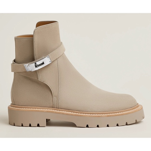 Hermes Jeff Ankle Boot Beige Galet Suede Goatskin Kelly Lock Buckle Palladium 40 - Picture 3 of 16